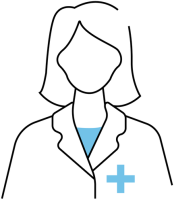 Icône représentant une silhouette féminine stylisée vêtue d'une blouse de médecin, avec une croix bleue dans le coin inférieur droit symbolisant le personnel médical.