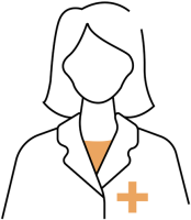 Icône représentant une silhouette féminine stylisée vêtue d'une blouse de médecin, avec une croix orange dans le coin inférieur droit symbolisant le personnel médical.