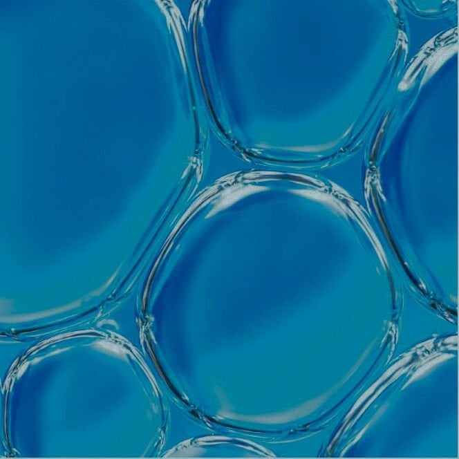 Représentation abstraite de bulles transparentes agrandies sur fond bleu, inspirée des ingrédients Linactyl et Pro-Xylane.