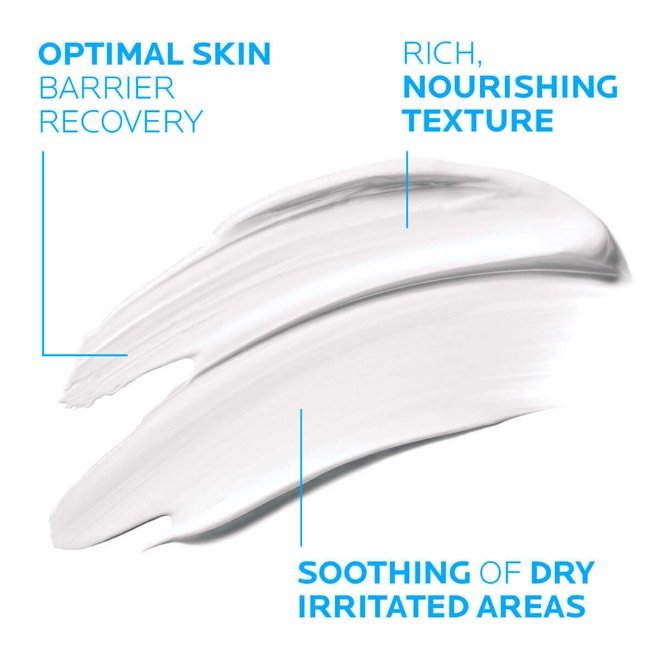 Application abstraite de crème avec du texte décrivant les avantages de la crème : récupération optimale de la barrière cutanée, texture riche et nourrissante, et apaisement des zones sèches et irritées.
