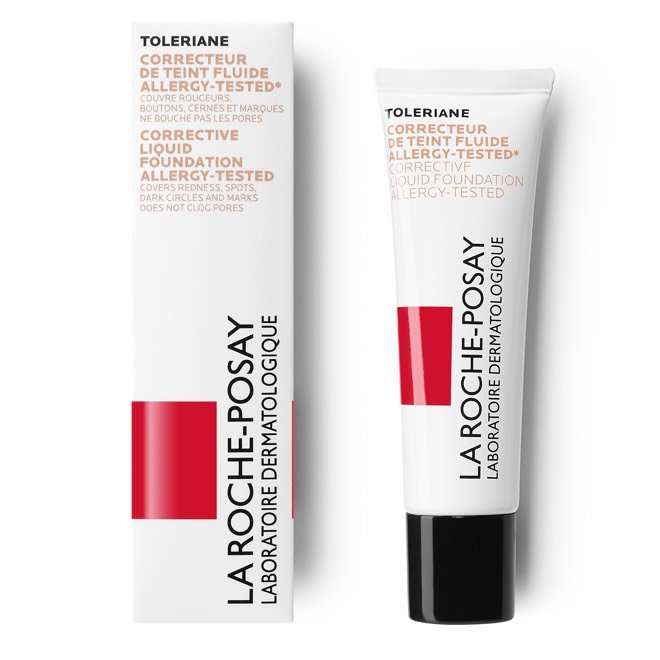 Fond de teint fluide correcteur Toleriane de La Roche-Posay, testé contre les allergies, présenté avec son emballage sur fond blanc.