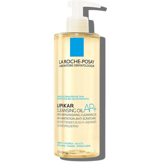 La Roche-Posay Lipikar Cleansing Oil AP+ Produktfoto – rückfettendes Dusch- und Badeöl für neurodermitische und empfindliche Haut, 400 ml Flasche mit Pumpspender.