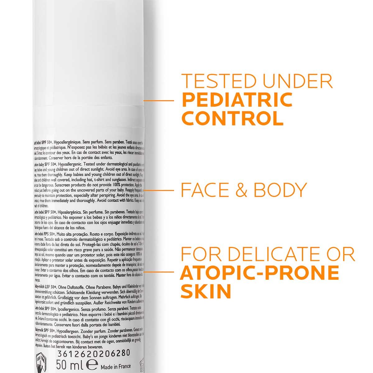 Dos du flacon de crème solaire La Roche Poasy Dermo Pediatrics avec indice de protection SPF 50 plus, portant les mentions suivantes : « Testé sous contrôle pédiatrique », « Pour le visage et le corps » et « Pour les peaux sensibles ou sujettes à l'eczéma », 50 ml, fabriqué en France.