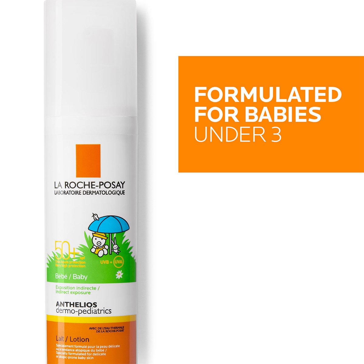 Image produit de la crème solaire La Roche-Posay Anthelios Dermo-Pédiatrie pour bébés de moins de 3 ans, avec SPF 50+, illustration d'enfant et texte 'Formulated for Babies under 3' sur fond orange.