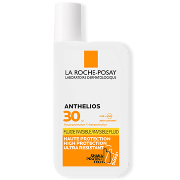 Fluide solaire La Roche-Posay Anthelios SPF 30, ultra-résistant et invisible, avec protection UVA et UVB et antioxydants.