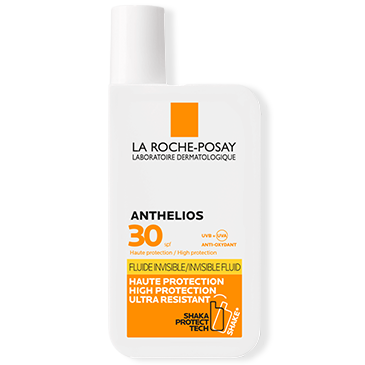 Fluide solaire La Roche-Posay Anthelios SPF 30, ultra-résistant et invisible, avec protection UVA et UVB et antioxydants.