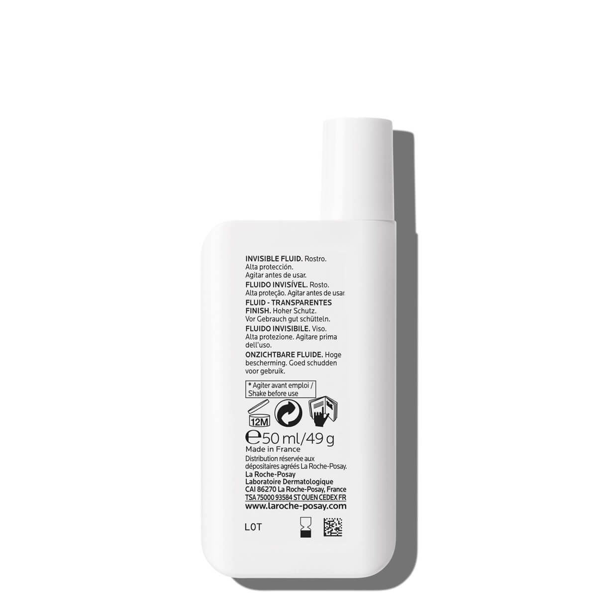 Dos d'un flacon de crème solaire blanche de La Roche-Posay avec des informations sur le produit en plusieurs langues et des symboles indiquant le mode d'emploi et la durée de conservation.