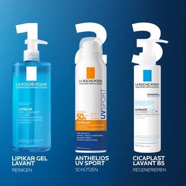 Drei Pflegeschritte: Lipikar Reinigungsgel, Anthelios PRO SPORT Mist LSF 50+ und Cicaplast Lavant B5 zur Regeneration.