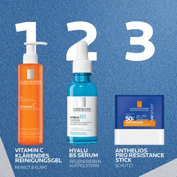 Drei Pflegeschritte: Vitamin C Reinigungsgel, Hyalu B5 Serum und Anthelios PRO SPORT Stick LSF 50+ als Sonnenschutz.