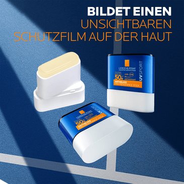 Anthelios PRO SPORT Stick LSF 50+ in mehreren Ansichten mit Claim „bildet einen unsichtbaren Schutzfilm auf der Haut“.
