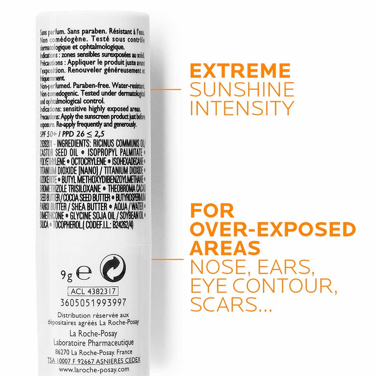 Detailaufnahme der Rückseite des La Roche Posay Anthelios Sensitive Area Stick SPF50+ für extrem sonnige Bedingungen, speziell für überbelichtete Hautpartien wie Nase, Ohren und Narben.