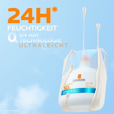 Anthelios UV Air Serum SPF 50+ Flasche mit cremeartigen Spritzern vor blauem Hintergrund, hervorgehobene Claims „24H Feuchtigkeit“, „UV Air Technologie“ und „ultraleicht“.