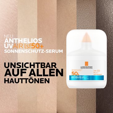 Anthelios UV Air SPF 50+ Produkt vor Hintergrund mit verschiedenen Hauttönen, Aussage „unsichtbar auf allen Hauttönen“.