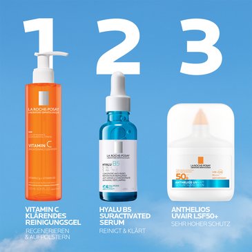 Drei Pflegeprodukte nummeriert: Vitamin C Reinigungsgel, Hyalu B5 Serum und Anthelios UV Air SPF 50+ als Sonnenschutz-Schritt.