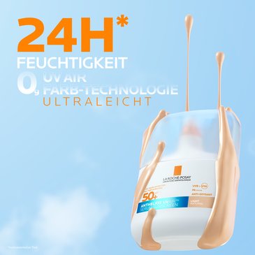 Anthelios UV Air getönt SPF 50+ Flasche mit fließender beiger Textur vor blauem Hintergrund, Claims „24H Feuchtigkeit“ und ultraleichte Farbtechnologie.