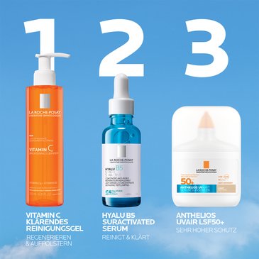 Drei Schritte der Pflegeroutine mit Produkten: Vitamin C Reinigungsgel, Hyalu B5 Serum und Anthelios UV Air SPF 50+ als Sonnenschutz.