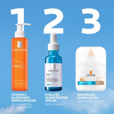 Drei Pflegeschritte mit Produkten: Vitamin C Reinigungsgel, Hyalu B5 Serum und Anthelios UV Air SPF 50+ als Sonnenschutz.
