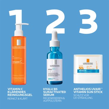 Drei Pflegeschritte mit Produkten: Vitamin C Reinigungsgel, Hyalu B5 Serum und Anthelios UV Air Stick LSF 50+ als UV-Schutz.