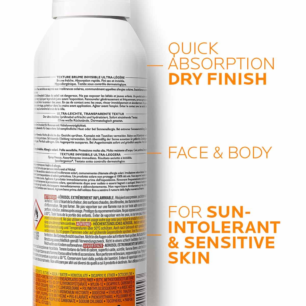Rückseite einer Sonnenschutz-Sprühflasche mit detaillierter Produktbeschreibung und orangenen Highlights mit Slogans wie "Schnelle Aufnahme, trockenes Finish", geeignet für Gesicht und Körper sowie sonnenempfindliche Haut.