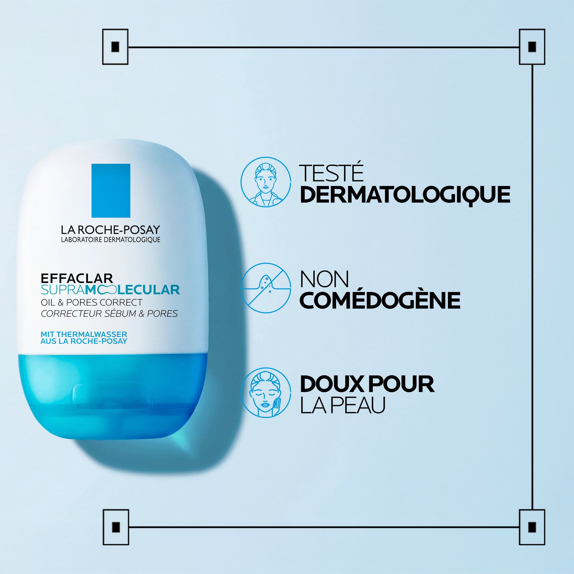Emballage du produit « EFFACLAR Supramolecular Oil and Pores Correct ». Texte : « Testé sous contrôle dermatologique », « Non comédogène » et « Doux pour la peau ».