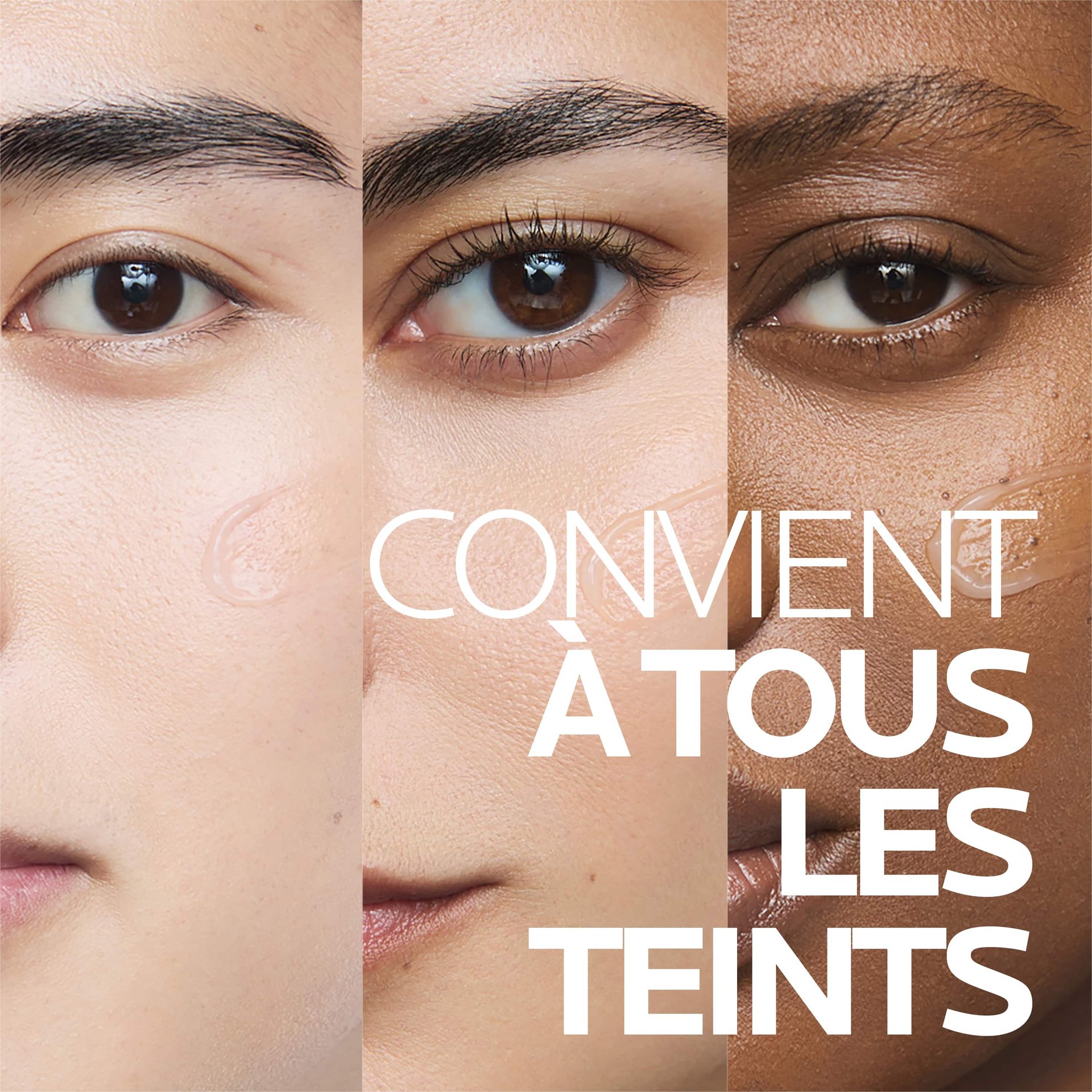Trois visages disposés côte à côte, de teints différents, sur chacun desquels est appliqué du gel Effaclar, accompagnés de la mention « Convient à tous les teints »