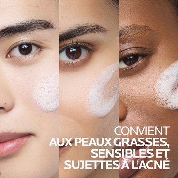 Gros plan sur trois femmes présentant respectivement une peau grasse, une peau à tendance acnéique et une peau sensible, pour lesquelles le gel nettoyant Effaclar est adapté.