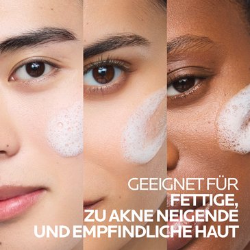 Nahaufnahme dreier Frauen mit jeweils fettiger, zu Akne neigender und empfindlicher Haut für die das Effaclar Reinigungsgel geeignet ist.