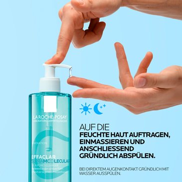 Anwendungsbild des Effaclar Supramolekular Reinigungsgels, welches auf die feuchte Haut aufgetragen, einmassiert und anschliessend abgespühlt wird.