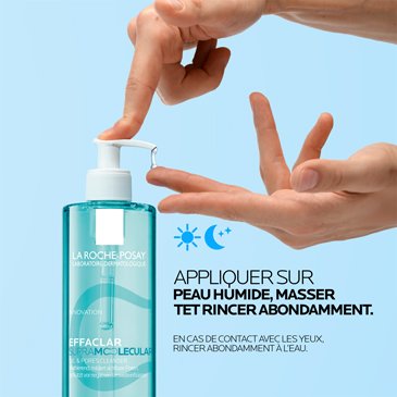Illustration montrant l'utilisation du gel nettoyant supramoléculaire Effaclar : appliquer sur la peau humide, masser, puis rincer.