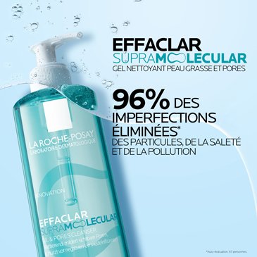 Le gel nettoyant Effaclar Supramolecular élimine 96 % des impuretés telles que la poussière, la saleté et les agressions extérieures