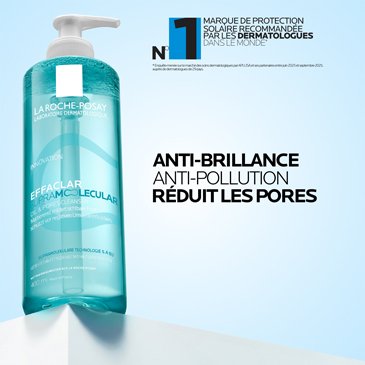 Le gel nettoyant Effaclar Supramolecular a un effet matifiant et affine les pores, tout en éliminant le maquillage