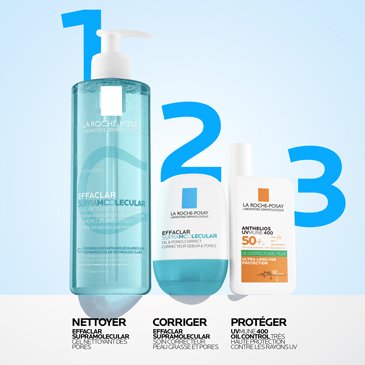 Routine de soins composée du gel nettoyant Effaclar Supramolecular, de l'huile Effaclar Supramolecular Oil and Poren Correct et de la crème solaire Anthelios UV Mune 400 Oil Control