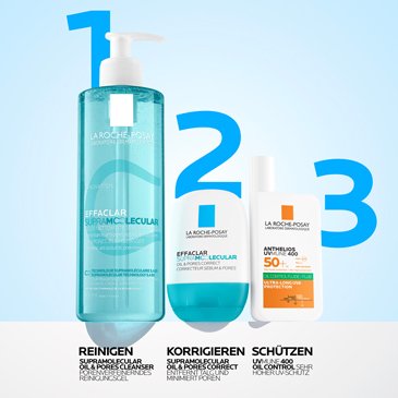 Pflegeroutine bestehend aus dem Effaclar Supramolecular Reinigungsgel, dem Effaclar Supramolecular Öl und Poren Correct und der Anthelios UV Mune 400 Oil Control Sonnencreme
