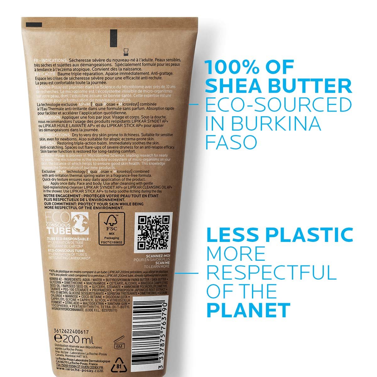 Vue arrière d’un tube de 200 ml La Roche Posay LIPIKAR Baume AP+M détouré avec ingrédients visibles. Slogans publicitaires : '100 % du beurre de karité provient de ressources éco-responsables au Burkina Faso' et 'Moins de plastique, plus de respect pour la planète