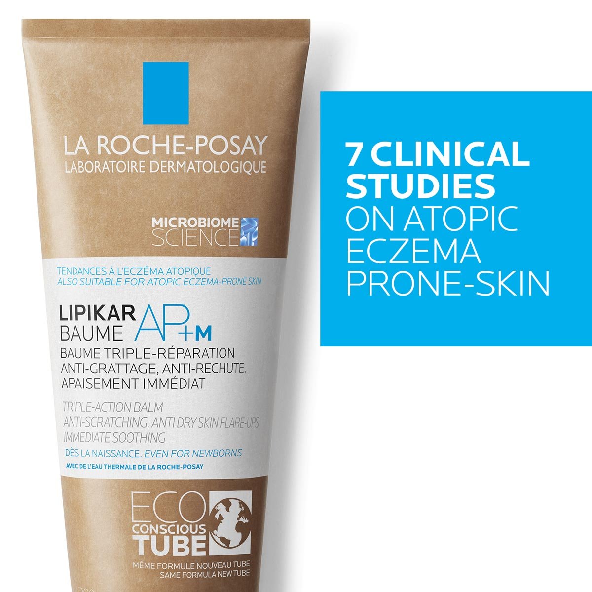 Vue avant d’un tube de 200 ml La Roche Posay LIPIKAR Baume AP+M détouré sur fond blanc avec le slogan publicitaire : '7 études cliniques sur les peaux sujettes à l'eczéma atopique