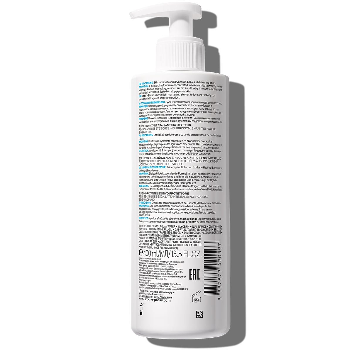 Freigestellte Rückansicht einer 400-ml-Flasche La Roche Posay LIPIKAR Fluide mit Pumper, Inhaltsstoffe sichtbar