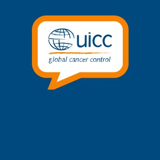 Logo de l'UICC avec le texte 'global cancer control' dans une bulle de dialogue sur fond bleu