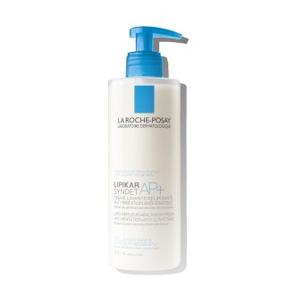 Flacon pompe bleu du gel nettoyant Lipikar Syndet AP+ de La Roche-Posay, adapté aux peaux sensibles et sèches.
