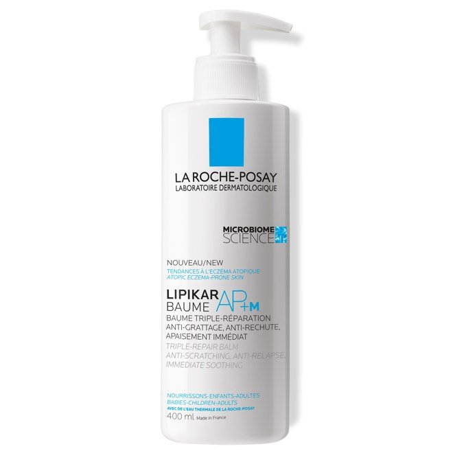 Flasche der La Roche-Posay Lipikar Baume AP+M, ein beruhigender Balsam für empfindliche, zu Neurodermitis neigende Haut.