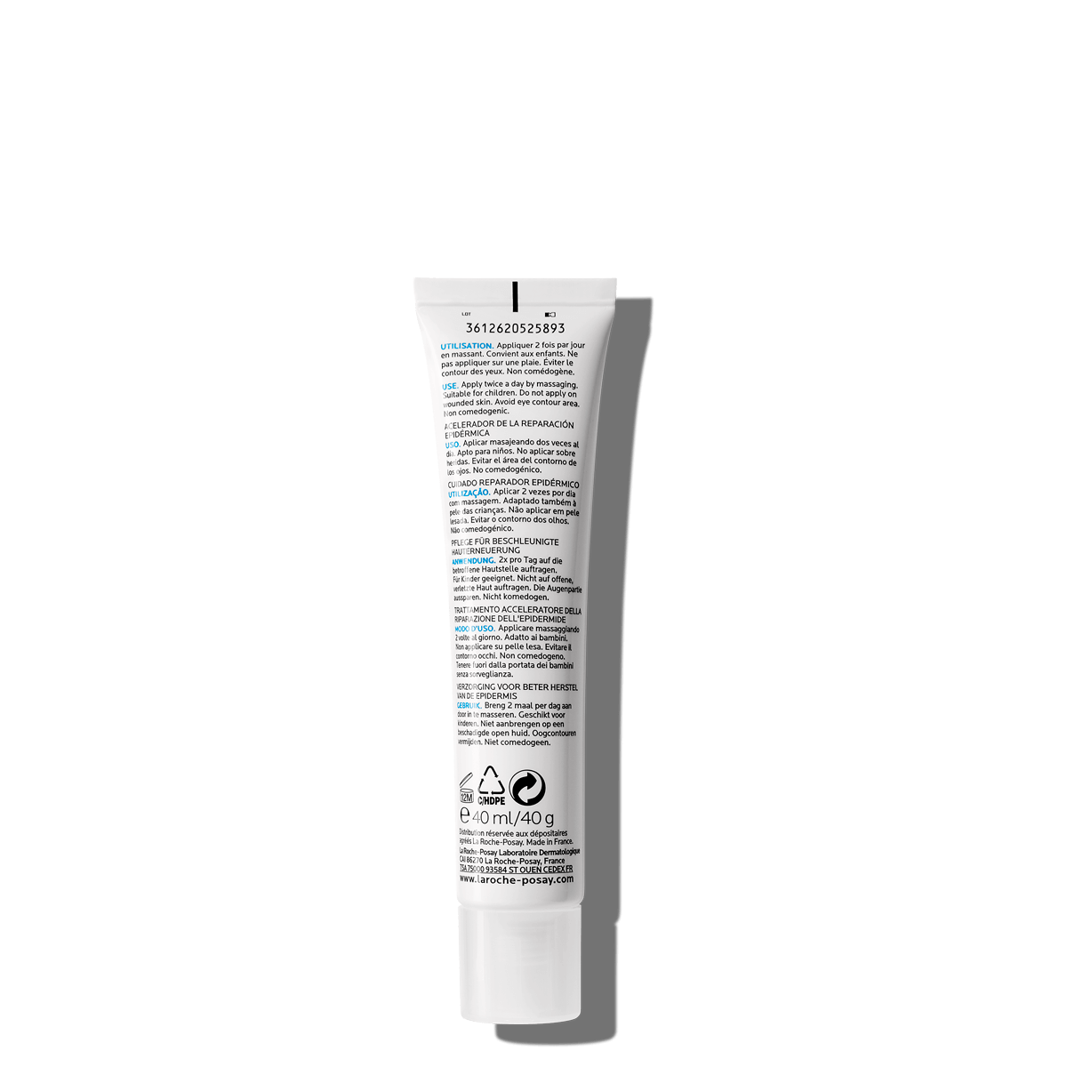 Eine weisse Tube mit Text auf der Rückseite, enthält 40 ml Creme von La Roche-Posay. Pflegeprodukt zur Hautregeneration, Hinweise in mehreren Sprachen.