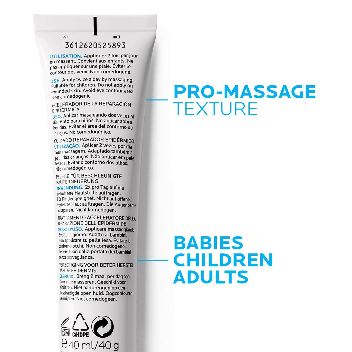 Rückseite der Cicaplast Gel B5 Pro Recovery Creme mit Anwendungsbeschreibung in mehreren Sprachen, geeignet für Babys, Kinder und Erwachsene, mit Pro-Massage-Textur.