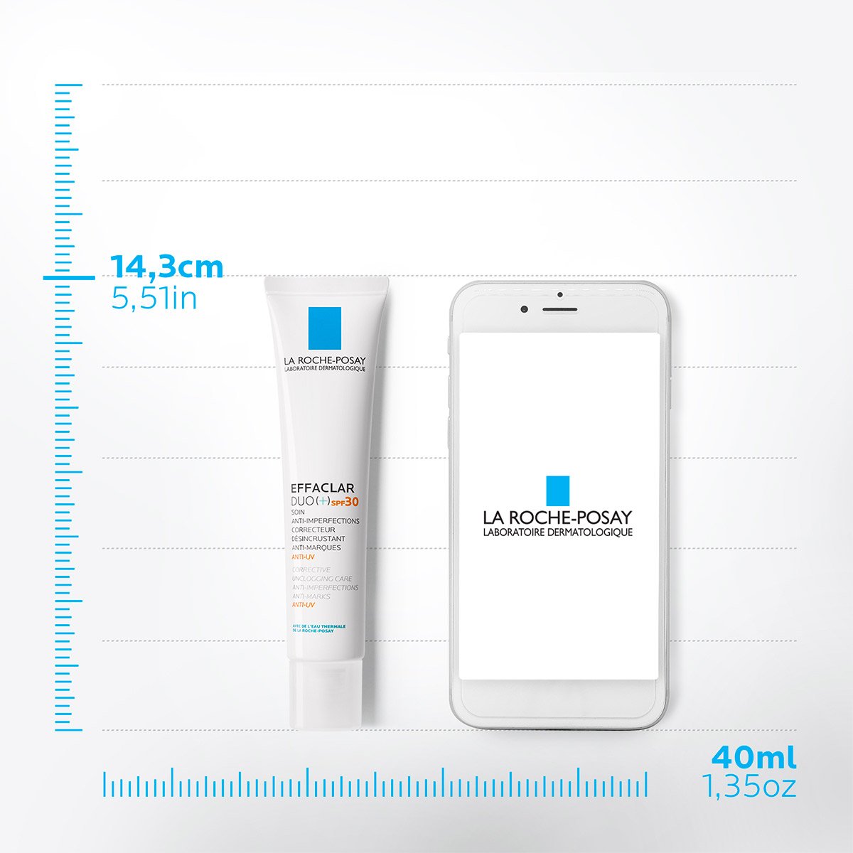 Produktbild von La Roche-Posay Effaclar DUO (+) SPF30, neben einem Smartphone zur Veranschaulichung der Grösse (14,3 cm/40 ml).