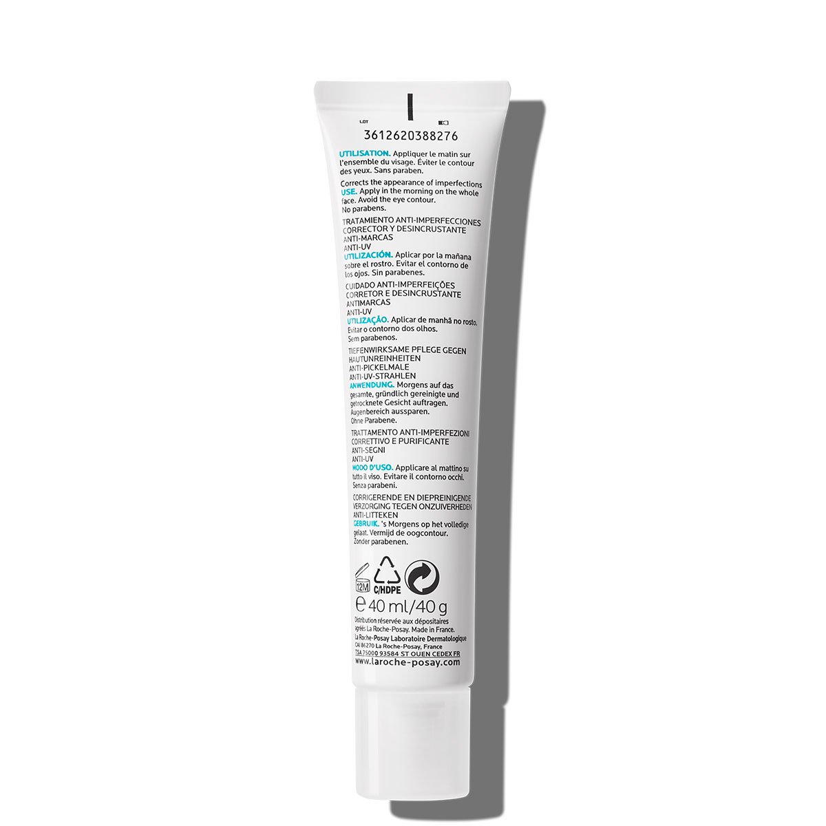 Rückseite der Effaclar Duo plus SPF 30 Creme, mit mehrsprachiger Beschreibung, Anweisungen und Produktinformationen, 40 ml.
