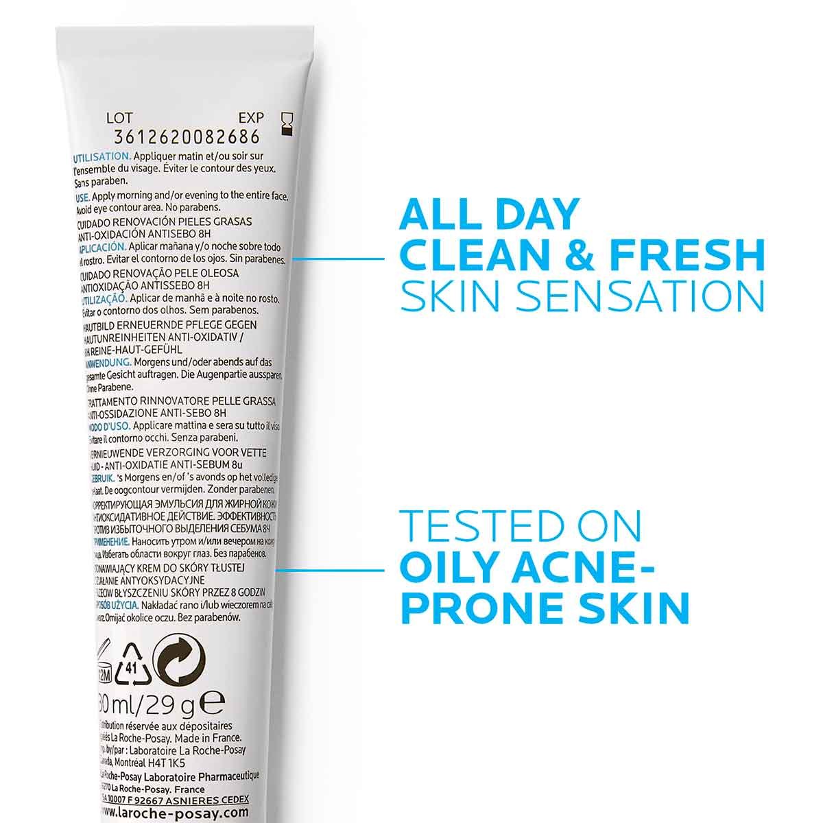 Dos d'un tube Effaclar K plus avec description du produit. Contient des informations sur les soins de la peau, telles que « Sensation de fraîcheur longue durée » et « Testé sur les peaux grasses à tendance acnéique ».
