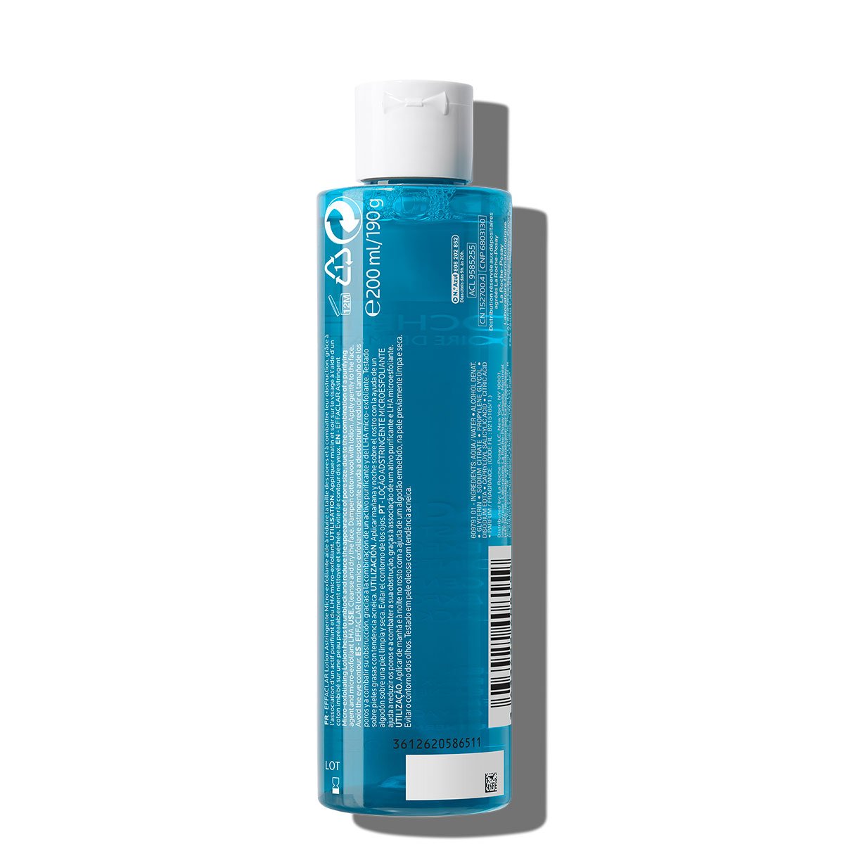 Eine blaue Plastikflasche mit durchsichtigem Design, 200 ml Fassungsvermögen, weißem Klappdeckel und Produktinformationen auf der Rückseite.