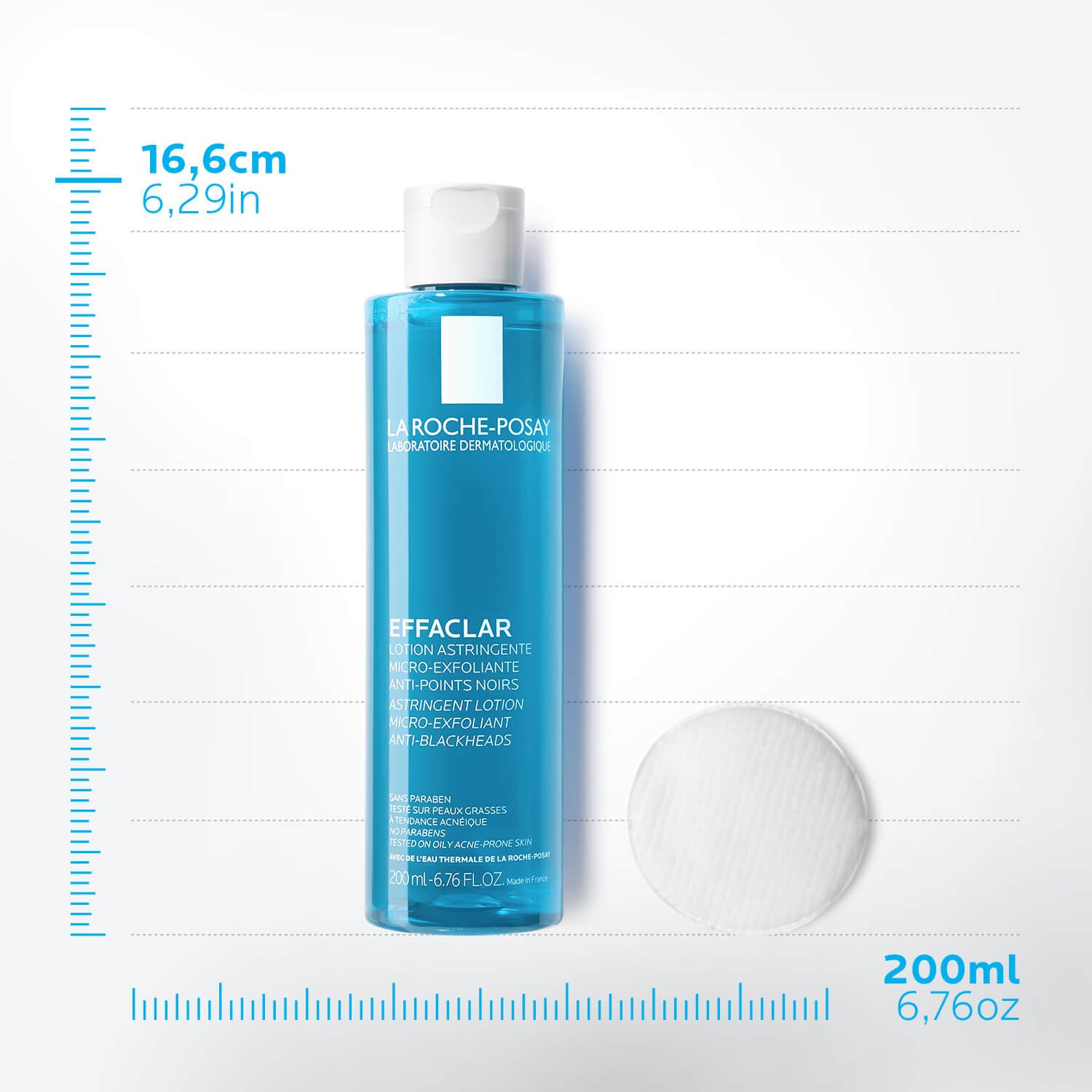 Blaues La Roche-Posay Effaclar Gesichtswasser (200 ml), mikro-exfolierend gegen Mitesser, mit Wattepad, Abmessung: 16,6 cm hoch.