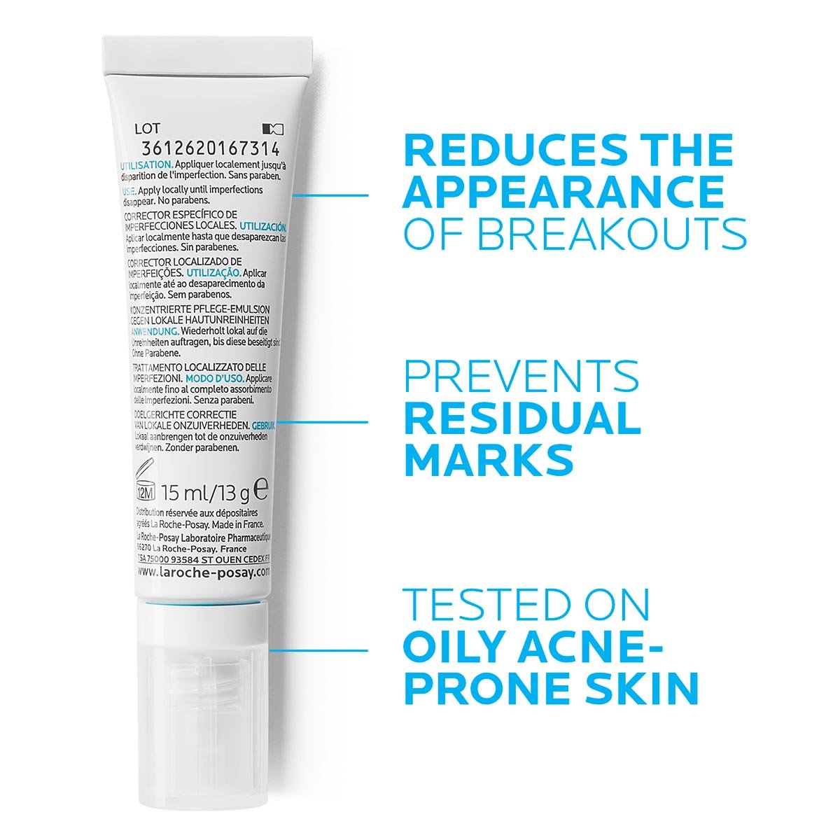 Weisse Tube La Roche-Posay Effaclar mit blauem Logo, Hautpflegeprodukt zur Behandlung von Unreinheiten, auf hellem Hintergrund positioniert.