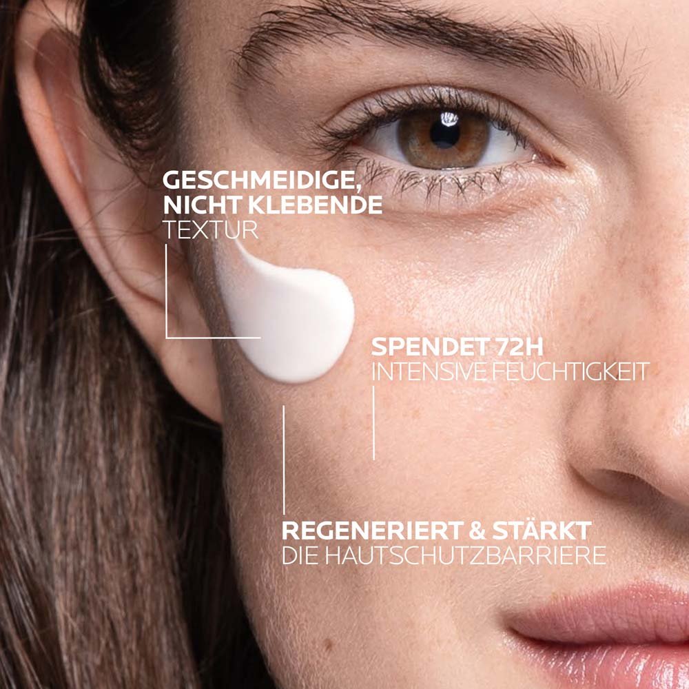 Gesicht einer Frau in Nahaufnahme mit Crème-Tupfer auf der Wange. Dazu Hinweise zu Eigenschaften der Crème: Feuchtigkeit, Regeneration und nicht klebende Textur
