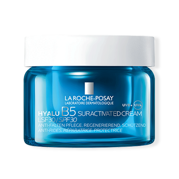 Pot bleu avec couvercle blanc. Texte : « La Roche-Posay Hyalu B5 Suractivated Cream LSF30/SPF30, anti-rides, régénérante, protectrice ».
