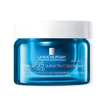 Pot bleu avec couvercle blanc. Texte : « La Roche-Posay Hyalu B5 Suractivated Cream LSF30/SPF30, anti-rides, régénérante, protectrice ».